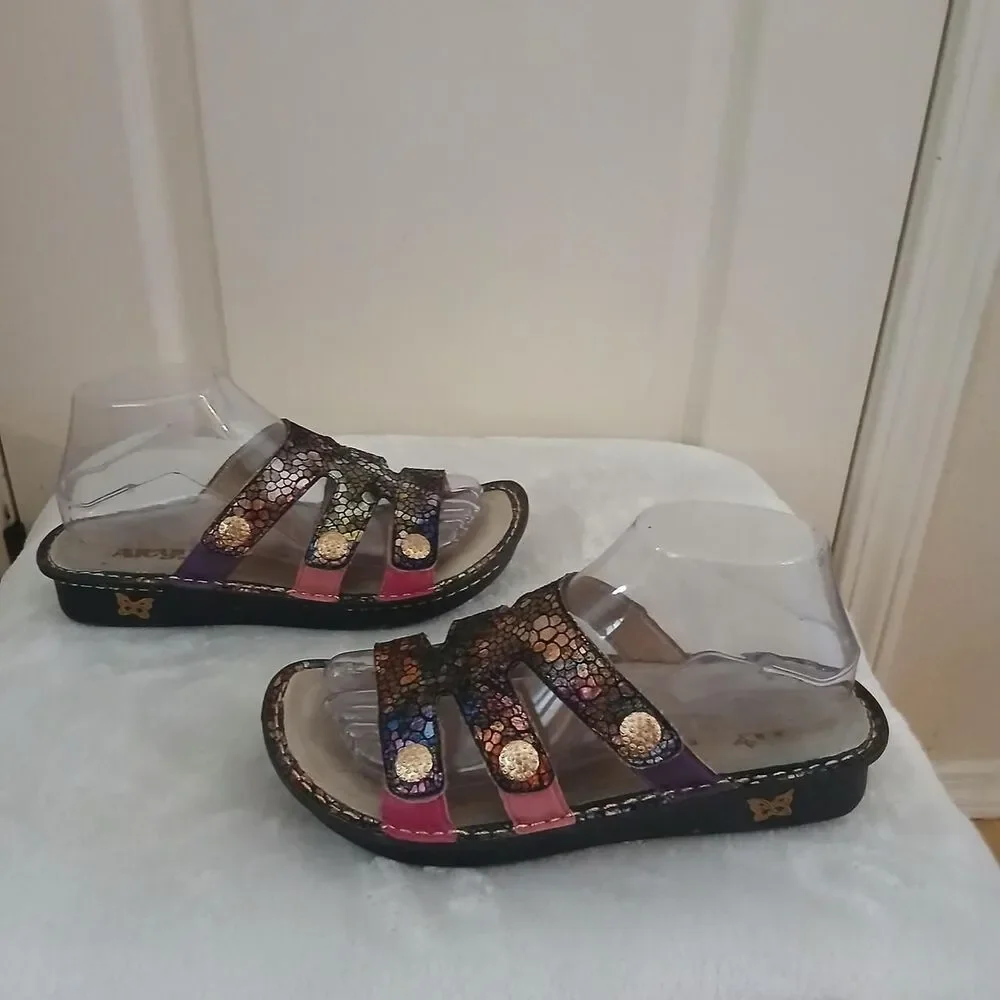 Alegria Fiona Multicolor Mosaic Leather Chunky Slide Sandals EU 37 Boho Dopamine
